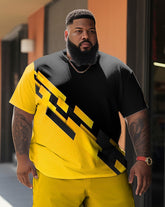 Men's Large Size Street Color Block Yellow And Black Graffiti Short-Sleeved Shorts Set